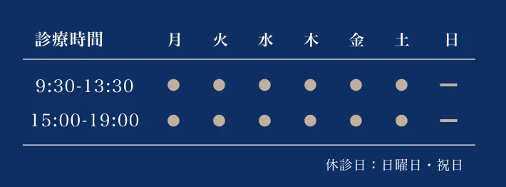 診療時間 月曜日から土曜日の9:30-13:30/15:00-19:00 休診日:日曜日・祝日